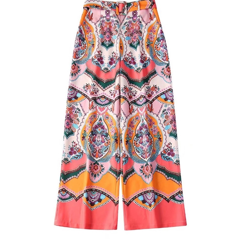 

TRAF Women Fashion With Belt Printed Wide Leg Pants Vintage High Waist Zipper Fly Female Trousers Mujer 220614, As picture
