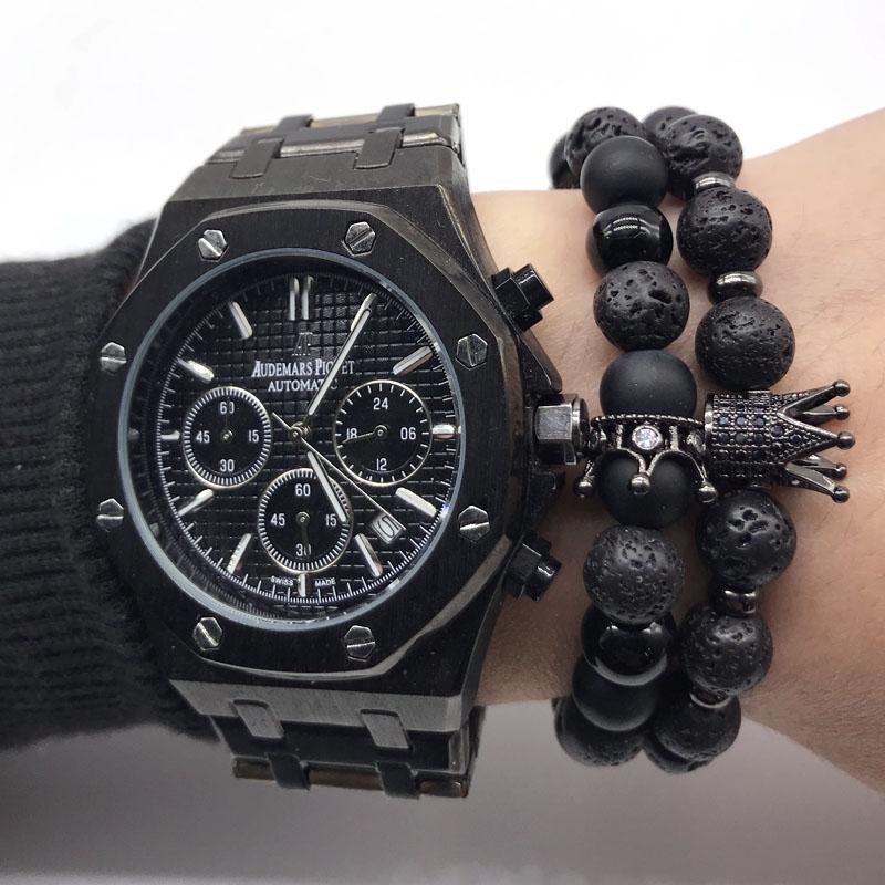 

Beaded, Strands 2pcs/set Natural Lava Onyx Crown Bracelet For Men Pave Setting Zirconia Crystal Braclet Fashion Male Trend Jewelry Gift Puls