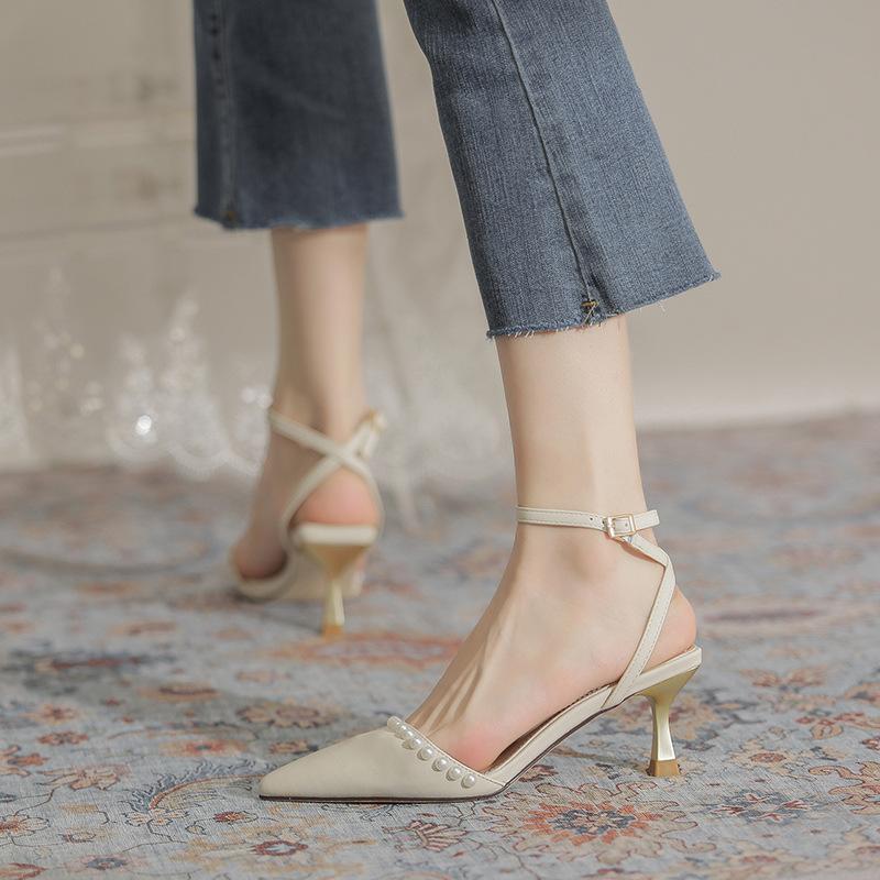 

Sandals Summer French High Heels Women's Sweet Style Pearl White Stiletto Pointed Toe Fashion ShoesSandals, Beige