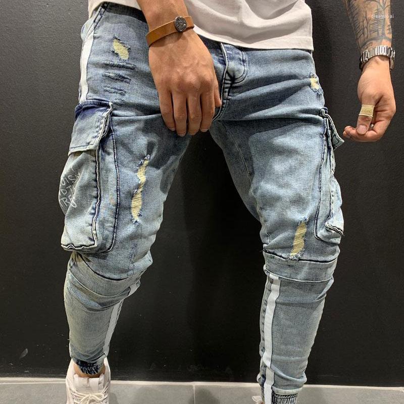 

Men's Jeans 2022 Streetwear Hip Hop Cargo Pants Men Elastic Harun Joggers Zipper Autumn Spring Cloth, Light blue