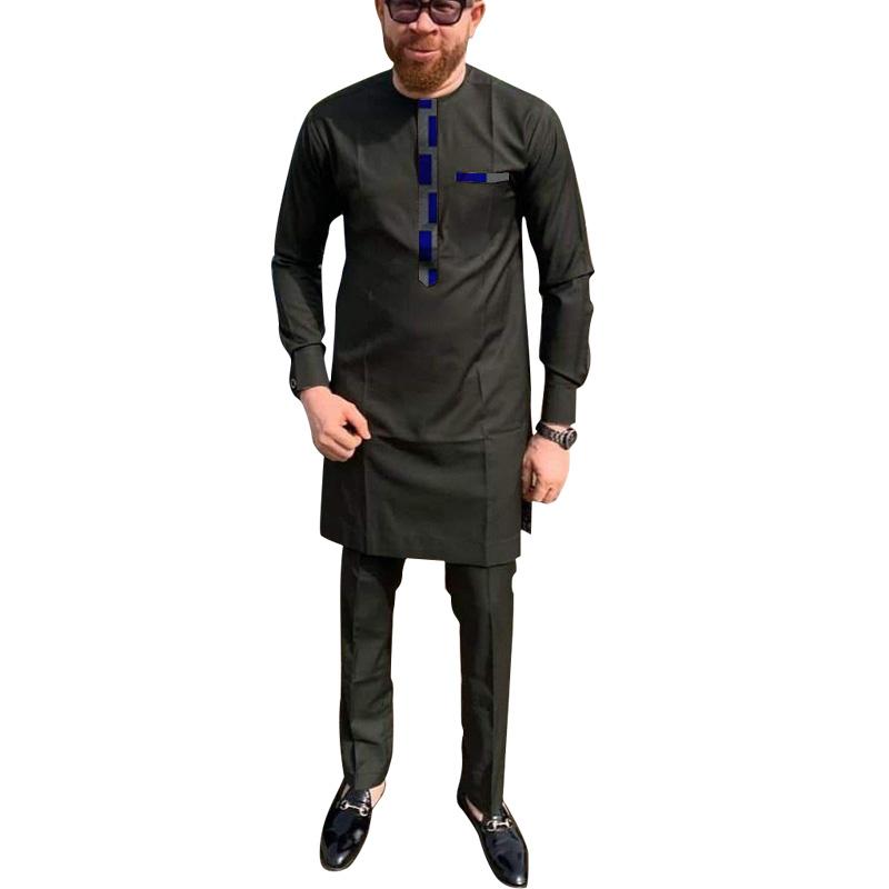 

Men' Tracksuits 2022 African Fashion Man Shirts With Pants Patchwork Tops+Trousers Tailor Made Outfits Black Pant Sets For Party