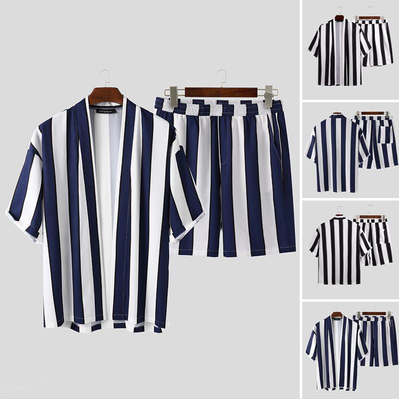 

Men' Tracksuits Mens Fashion Striped Sets Casual Short Sleeve Cardigan Blouse Shorts Siuts Summer Loose Breathable 2 Pieces -5XL INCERUN, Black