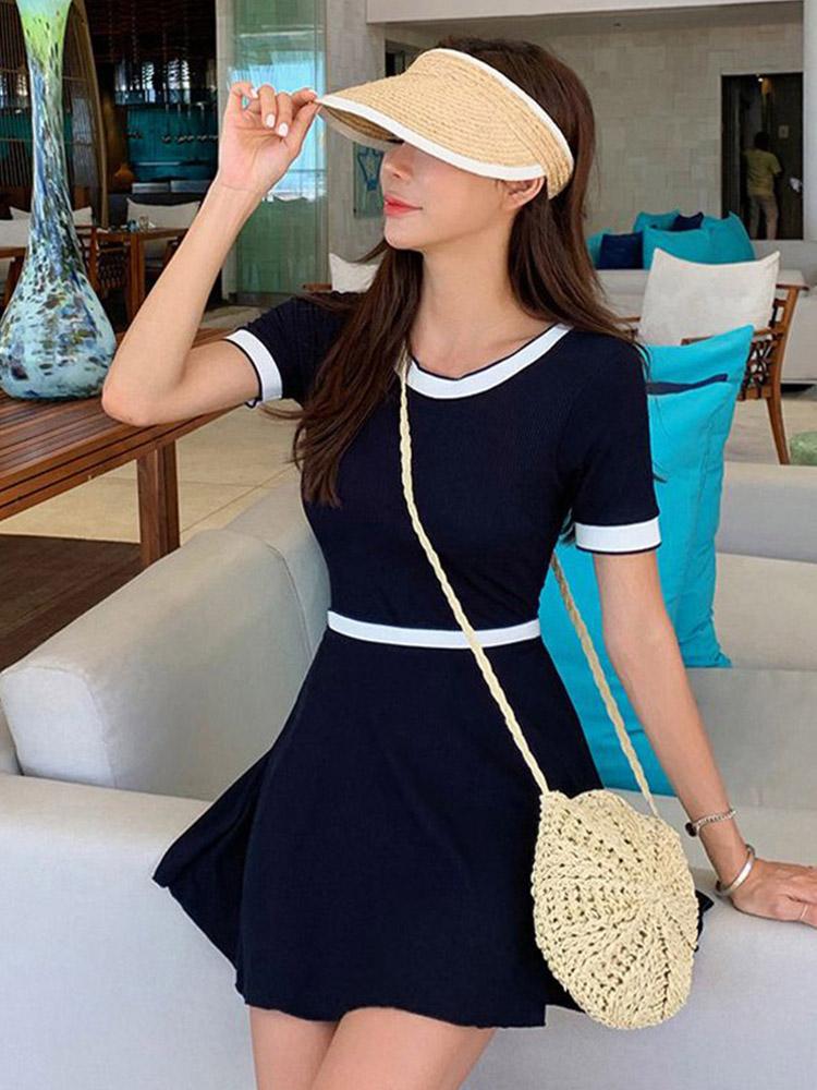 

Women's Swimwear Short Sleeve One Piece Swimsuit Women Solid Skirted Push Up Korean Style Bathing Suit, Navy