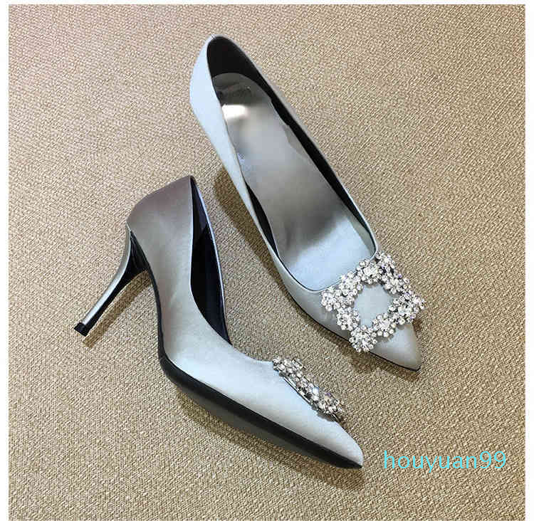 

Fashion RV wedding shoes women 2022 red satin Rhinestone square buckle pointed high heels thin heel silver wedding single shoes women