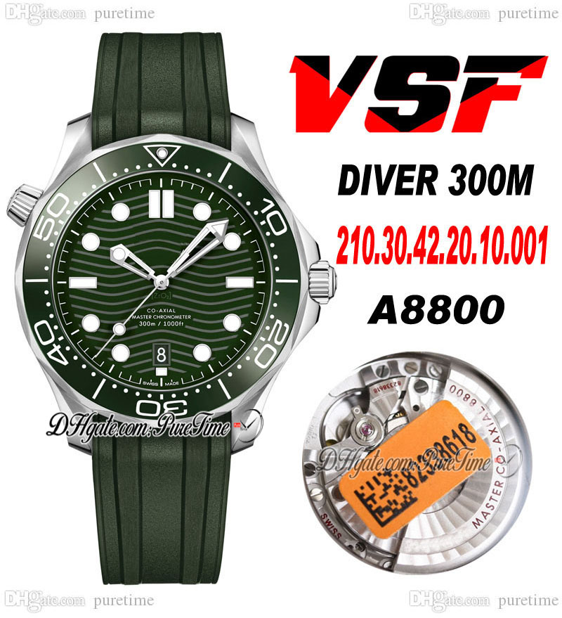 

VSF Diver 300M A8800 Automatic Mens Watch Ceramics Bezel Green Wave Texture Dial Rubber Strap 210.30.42.20.10.001 Super Edition Puretime 20B2, 300m-20-a