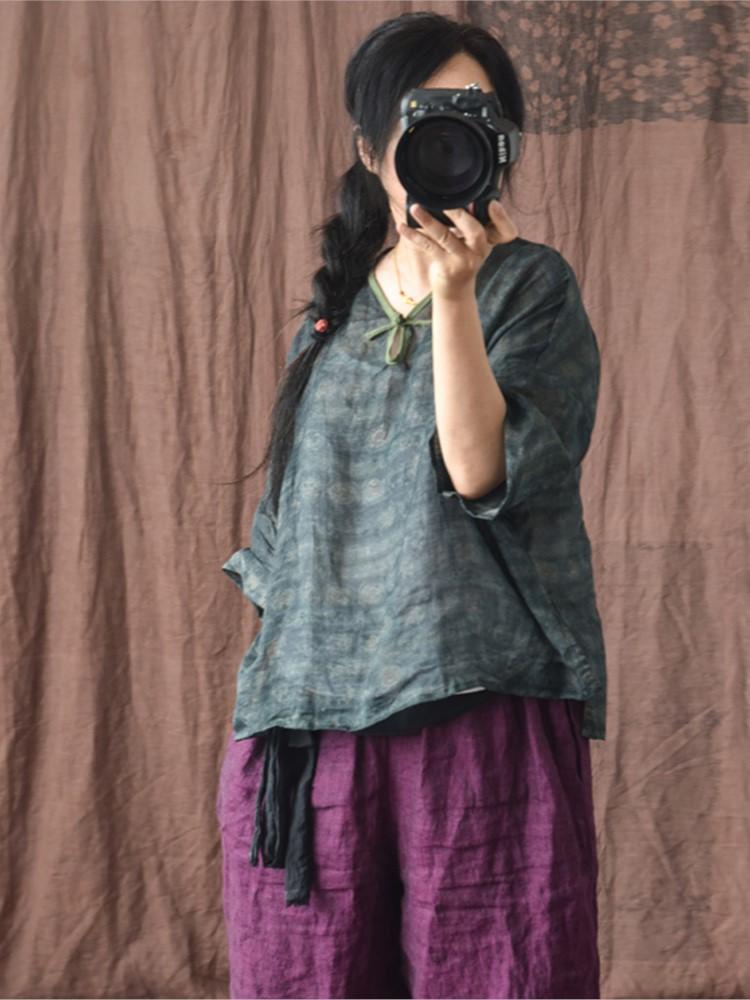 

Women's Blouses & Shirts Women Loose Thin Ramie Blouse Ladies V Neck Shirt Tops Female Vintage Summer Irregular 2022Women's, Green