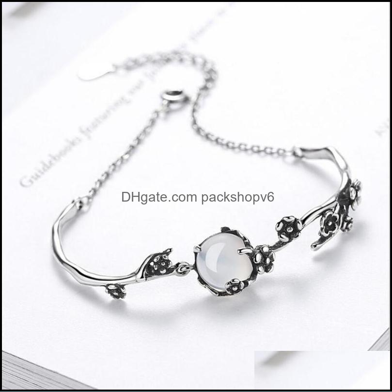 Charm Bracelets Stamp Sier Color Bracelet Vintage Fashion Thai Moonlight Stone Plum Flower Chain Linked For Women Bangle D Packshopv6 Dh3C1