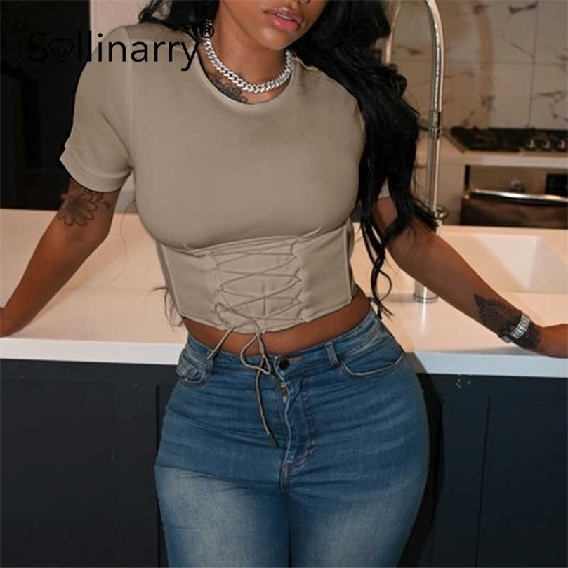

Sollinarry Fashion causal crop top Sexy short sleeve lace up bandage slim tshirts Streetwear summer round neck pure tshirt 210709, Khaki