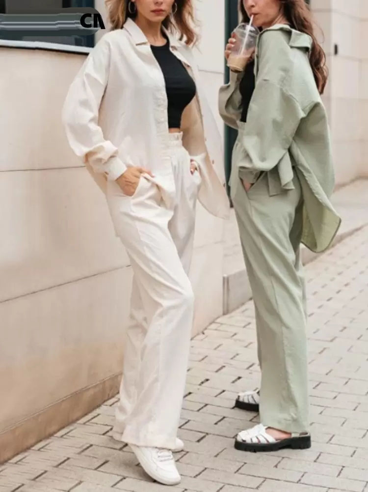 

Women's Two Piece Pants Elegant Women 2 Set 2022 Summer Long Sleeve Shirt And Straight Loose Outfits Chic Green Tracksuit