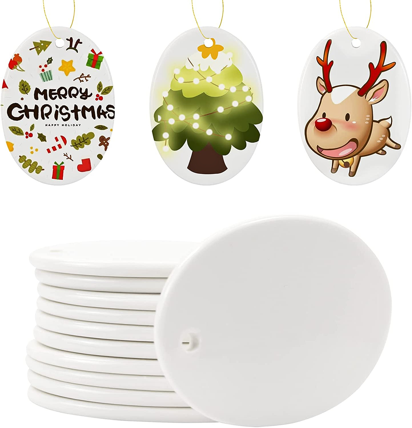 

Sublimation Blank Ceramic Ornament Oval Ornament 3.3 Inch White Oval Ornament with Gold String for Crafting Christmas Tree Decor for DIY Personalized Home Decor Bulk