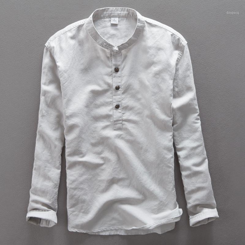 Men's Casual Shirts Stand Collar Long Sleeves Linen Cotton Shirt Summer Men White Sky Blue Solid Dress Male