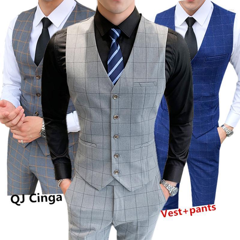 

Gray Plaid Vest And Pants Men Business/Wedding/Party 2 Piece Set Plus Size S-5XL Autumn Trousers Waistcoat Suits Men's Vests, Blue
