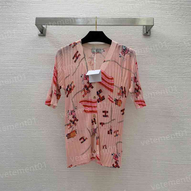 

Luxury Womens Jackets Horse Print Striped V-Neck Mid-Sleeve Knit Jacket Stretch Slim Tops Fashion Shirts Designer Women Knitting Jacket