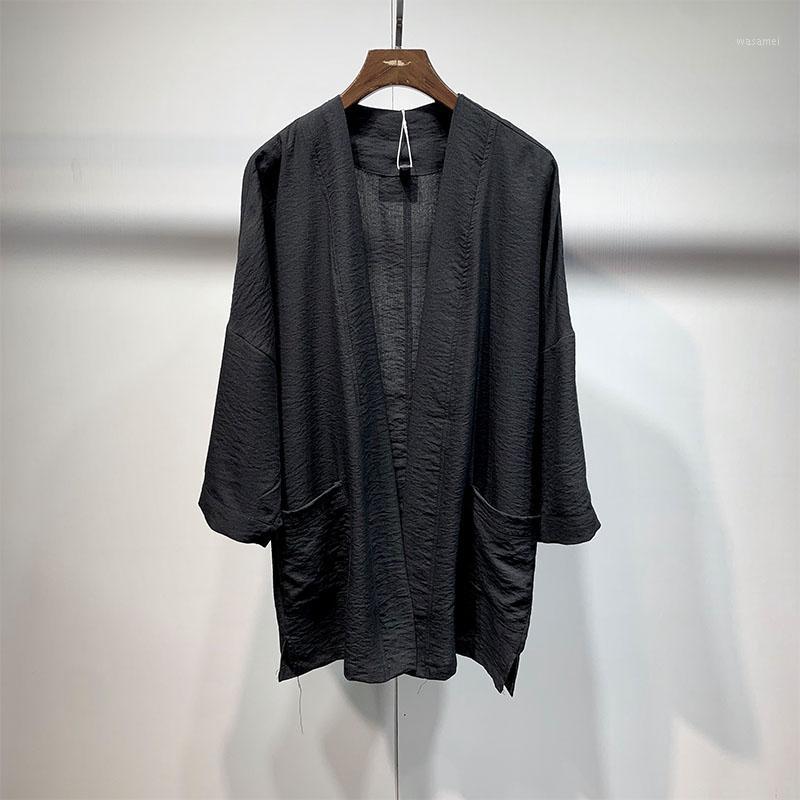 

Men' Casual Shirts Summer Collarless Big Pocket Design Cotton Linen Loose Classic Simple Seven-minute Sleeves Large Cardigan, Black