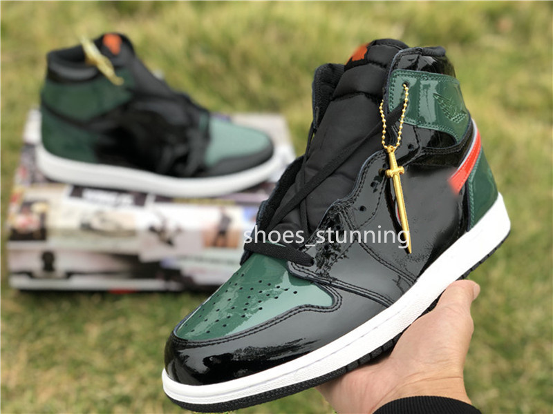 Top Qualité Jumpman 1 Haute UN Vert Brevet Chaussures De Basketball Noir Orange Rouge Vert Colorway Baskets De Plein Air Sport Avec Boîte D'origi