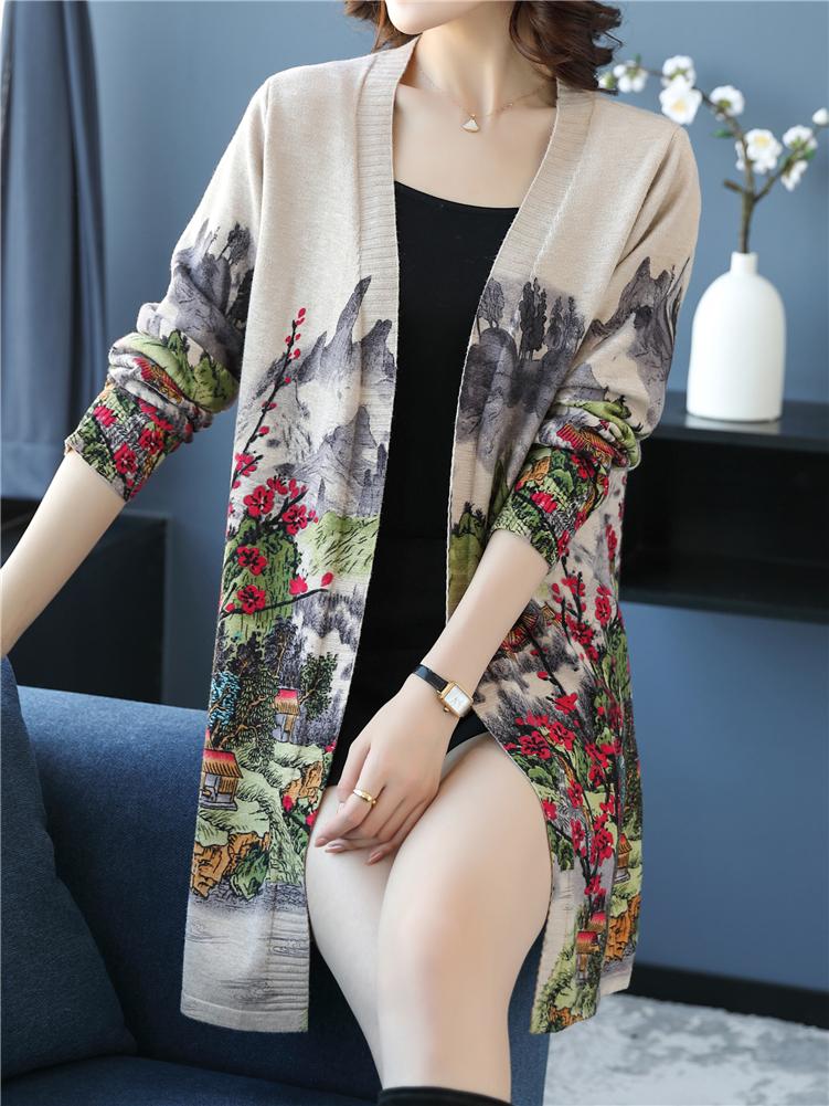 

Women's Knits & Tees Female Long Cardigan Autumn Spring Floral Print Knitted Sweaters Top Korean Fashion V Neck Soft Cardigans Women, White