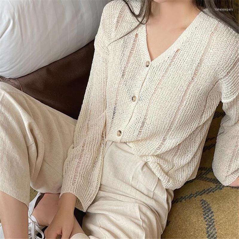 

Women's Knits & Tees Cardigan Women Sunscreen Fashion Korean Summer Cool Hollow Out Loose Female Simple Street Wear Sun ProtectionWomen's Ti, Khaki