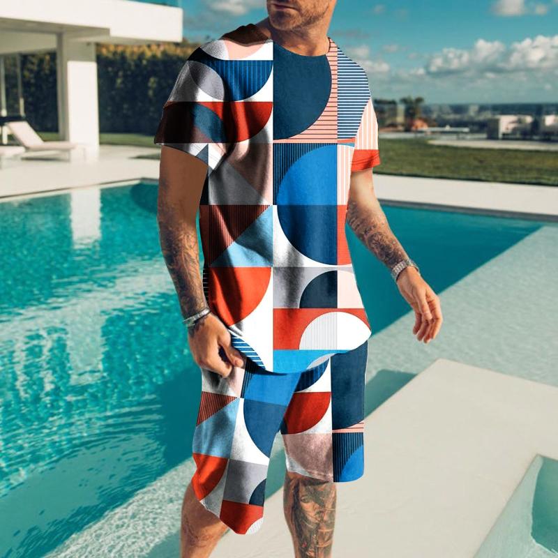 

Men's Tracksuits Men Short Bathing Suit Casual 3D Printed Summer Fashion Round Neck Pullover Sleeve And Mid Waist Skinny Pinstripe SuitMen's, Blue
