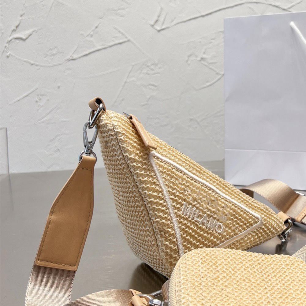 

Raffia Grass Triangle Bag Straw Crossbody Handbags Weave Wide Shoulder Strap Hobo Handbag Designer Coin Pocket Zipper Wallet Two Piece Set