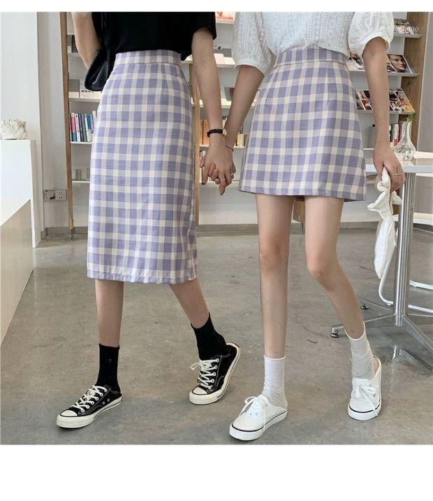 

Skirts 80s 90s Women High Waist Y2K Plaid Slim Blue Pencil Skirt Teen Girls Fashion Mini Spring Summer Autumn, Above knee - blue