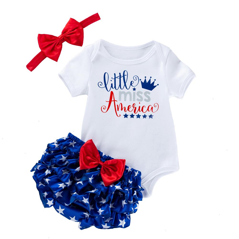 

Independence Day Baby Girl Clothes Set Summer Letter Short Sleeve Romper Stars Shorts Headband 3pcs Outfit, As picture