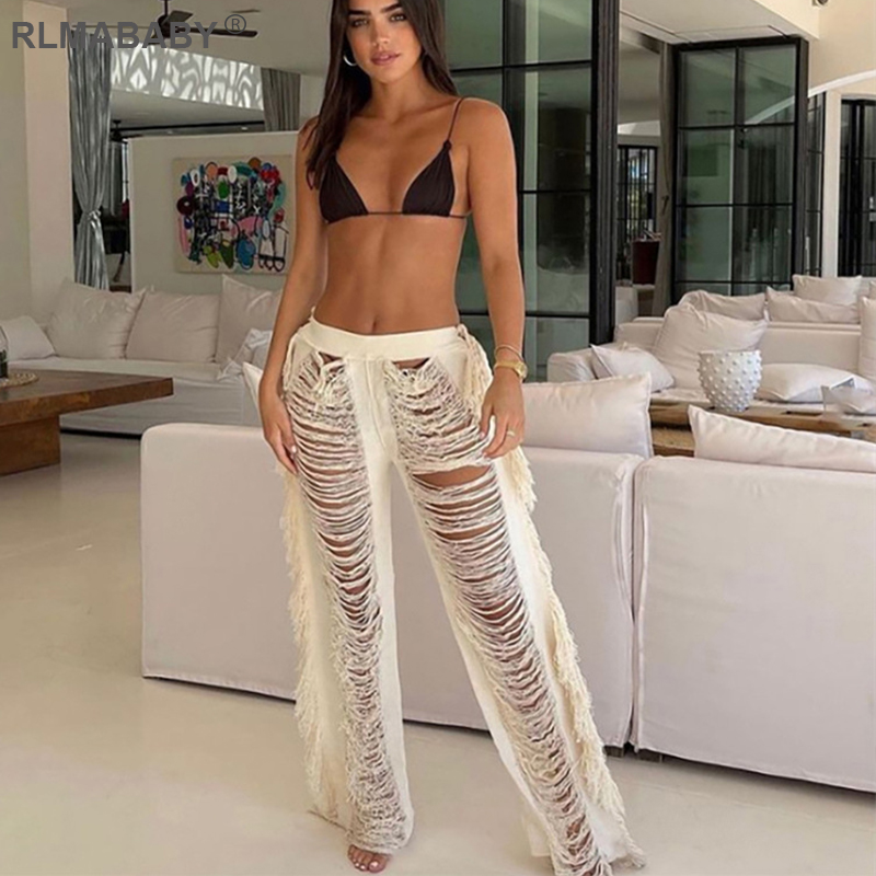 Sexy Hole Tassel High Waist Straight Pants Fashion Autumn Winter Women High Streetwear Hollow Out Female White Knitted Trousers