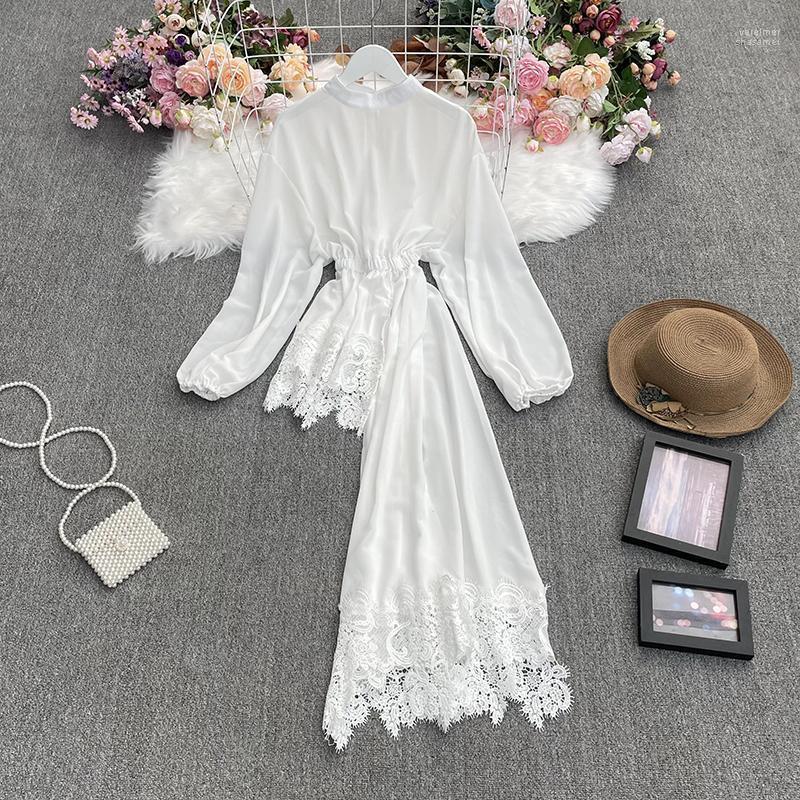 

Women's Blouses & Shirts FTLZZ Spring Summer Women Fashion Irregular Lace Stand Collar Chiffon Office Lady Long Sleeve Ruffles Solid Vere22, Black