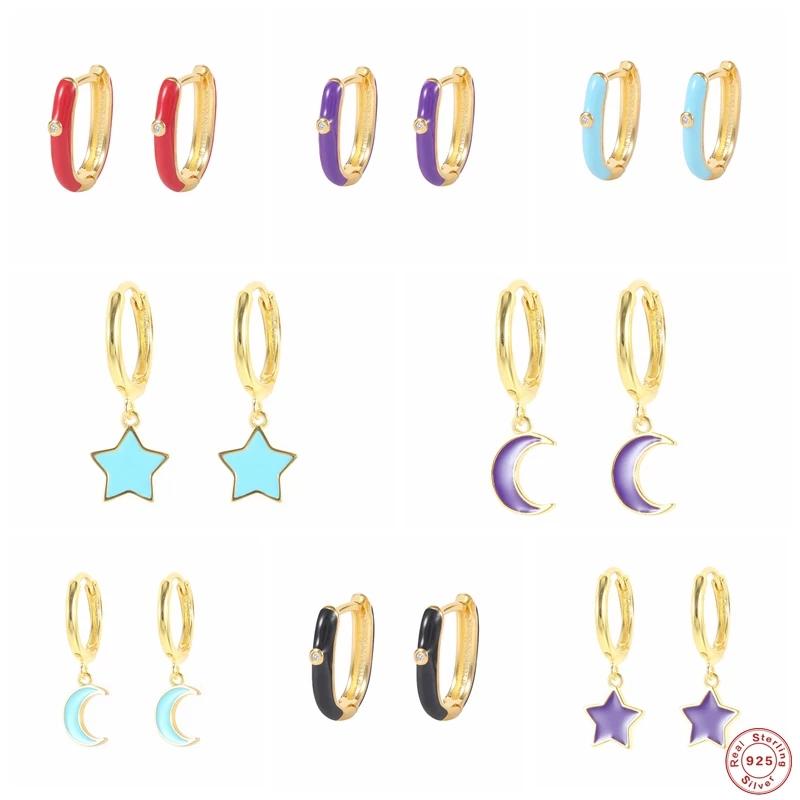 

Hoop & Huggie Aide 925 Sterling Silver Fashion Enamel Moon Star Pendant Earrings Cyan Blue Purple Drop Oil Oval Circle EarringsHoop