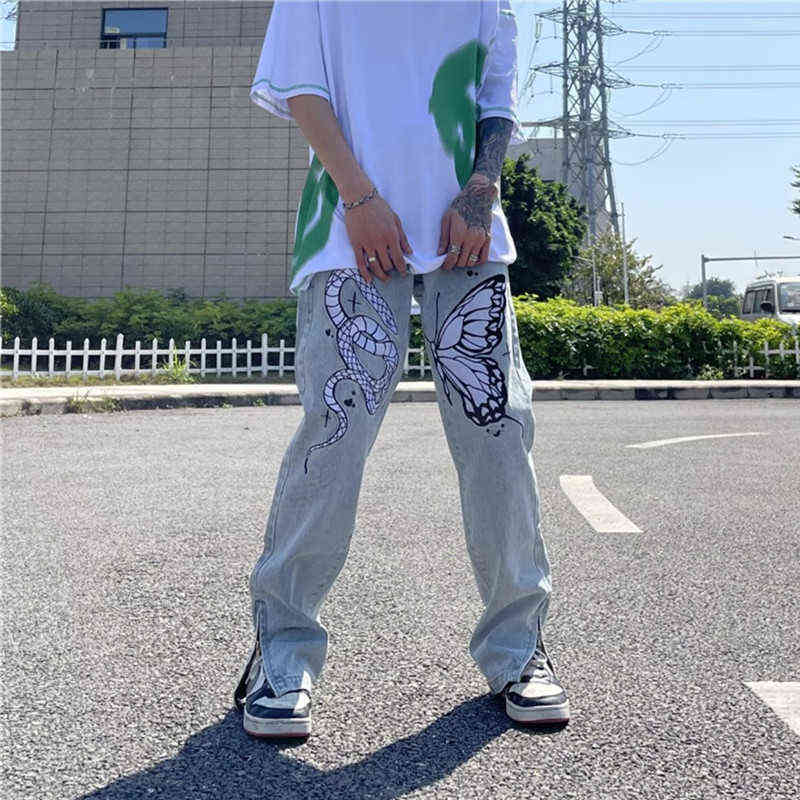 

Fashion Butterfly New Snake Embroidery Hip Hop Men Slim Jeans Pants Ankle Zipper Vintage Denim Trousers Y2K Clothes Ropa Hombre T220803, Blue