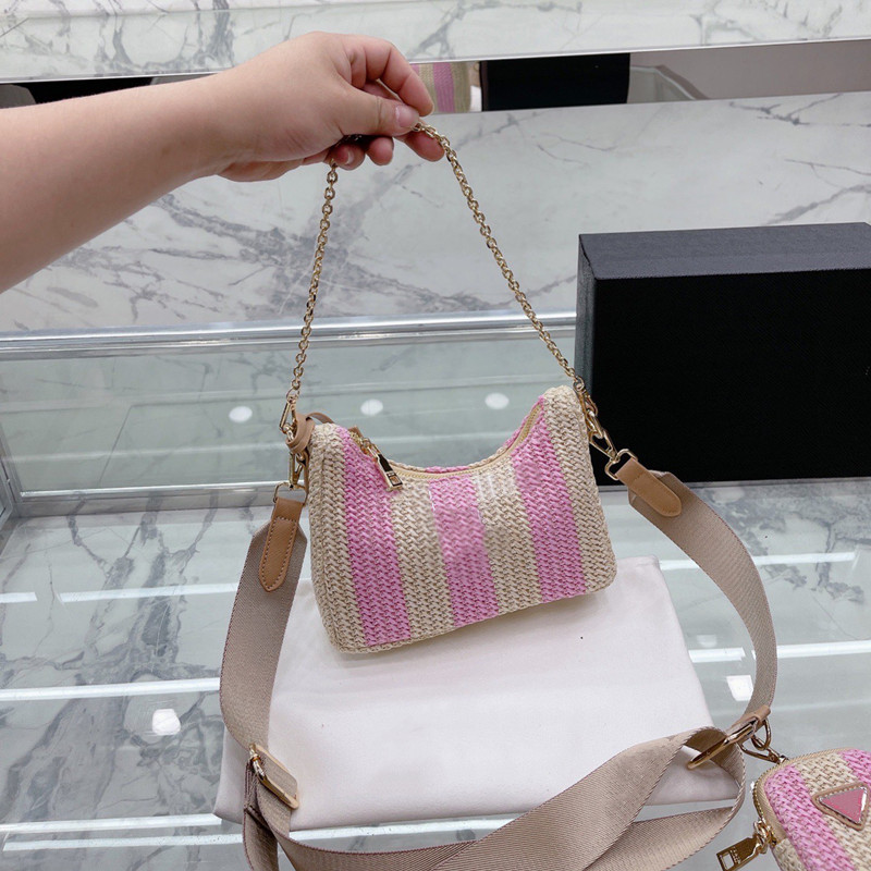 

Woman Re-Edition 2005 Straw Shoulder Bags designer bag Fashion Hobo Crochet tote bag luxury handbag stripe crossbody with Mini Pouch 2-Piece Top Quality, Box(could get damaged)