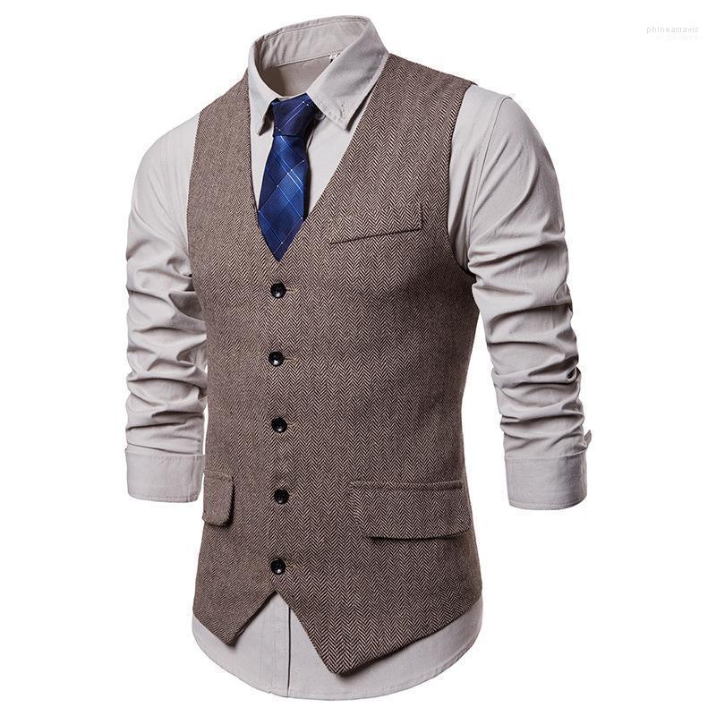 

Men's Vests 2022 Fashion Business Casual Vest Herringbone Single-breasted Suit Banquet Wedding Phin22, Khaki