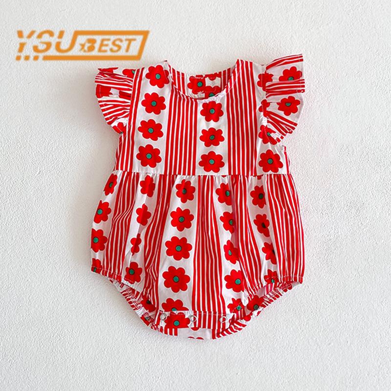 

Jumpsuits Cute Born Baby Girls Stripe Flower Rompers For Cotton Clothes Fashion Summer Sleeveless Jumpsuit 0-3YrsJumpsuits, 92507 red