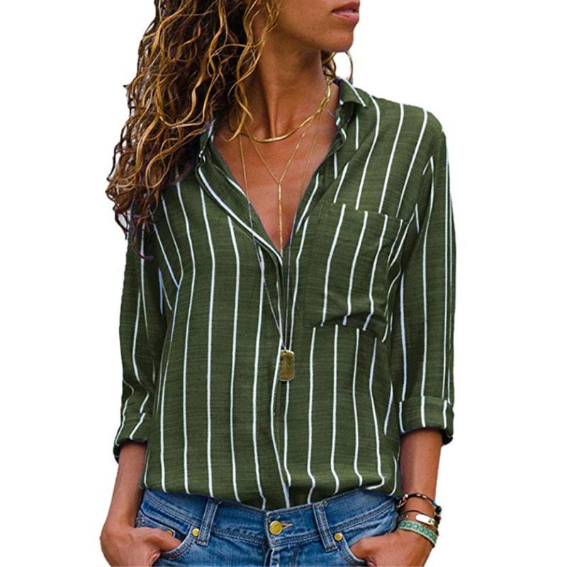

Women' Blouses & Shirts Woman Basic Striped Shirt Fashion Single Breasted Casual Vintage Long Sleeve Blouse Women V-neck Camisas Mujer 2022, Gray