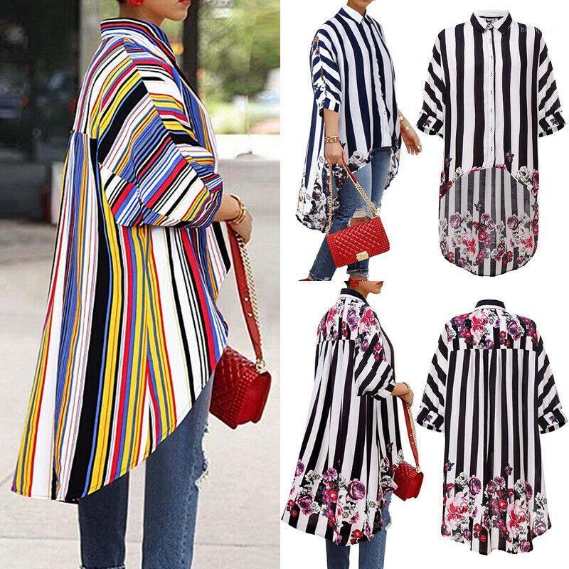 

Brand Women Shirts Floral Print Tops Long Sleeve Ladies Striped Fall Cardigan Irregular Autumn Button Fashion 2022 Women' Blouses, Black