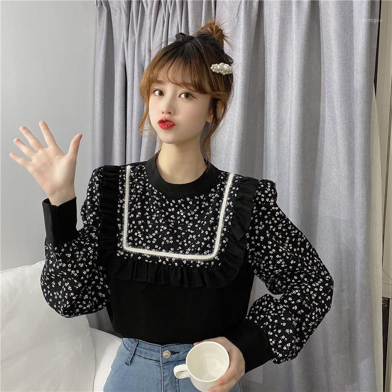 

Women Work Blouse Fashion Flower Pattern Long Sleeve Pullover Casual Round Neck Ladies Home Women's Blouses & Shirts, Black
