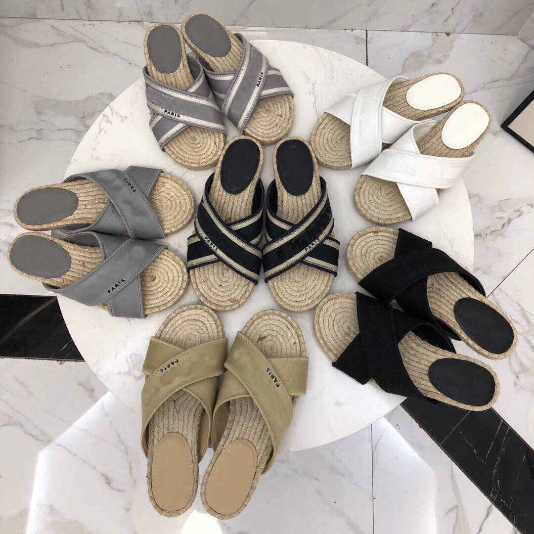 

Designer Women Sandal Espadrille Slides Open-toe Straw Slippers Flats Flip Flops Alphabet Fisherman Shoes Summer Beach Slides Sandals NO364, Sock