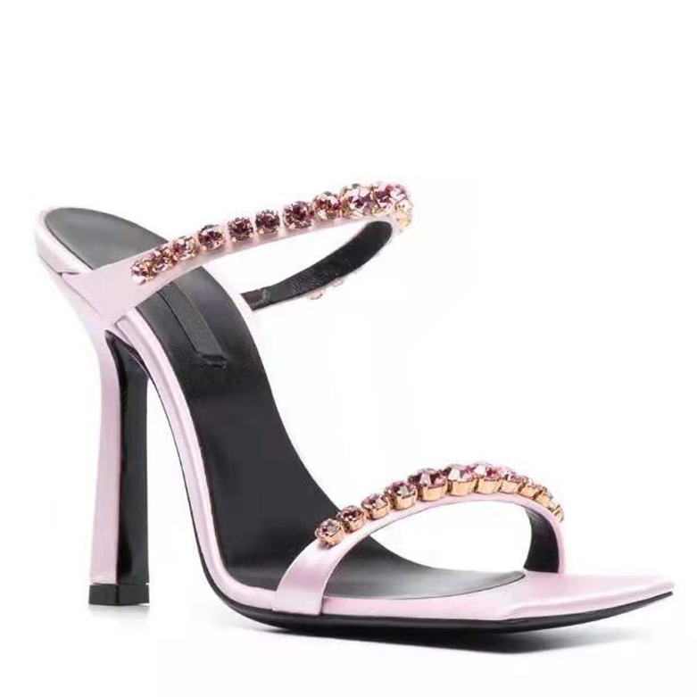 New Slippers Rhinestone Straps Open Toe Set Of Feet Genuine Leather Solid Color Sexy Hollow Out High Heel Sandals Women 35-41