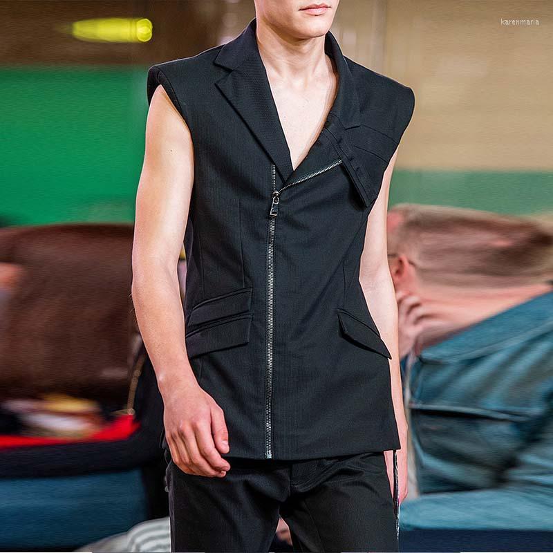 

Men' Vests Black Suit Collar Vest European And American Fashion Large Street Hip Hop Performance Stage Costume With Zipper Slim Kare22