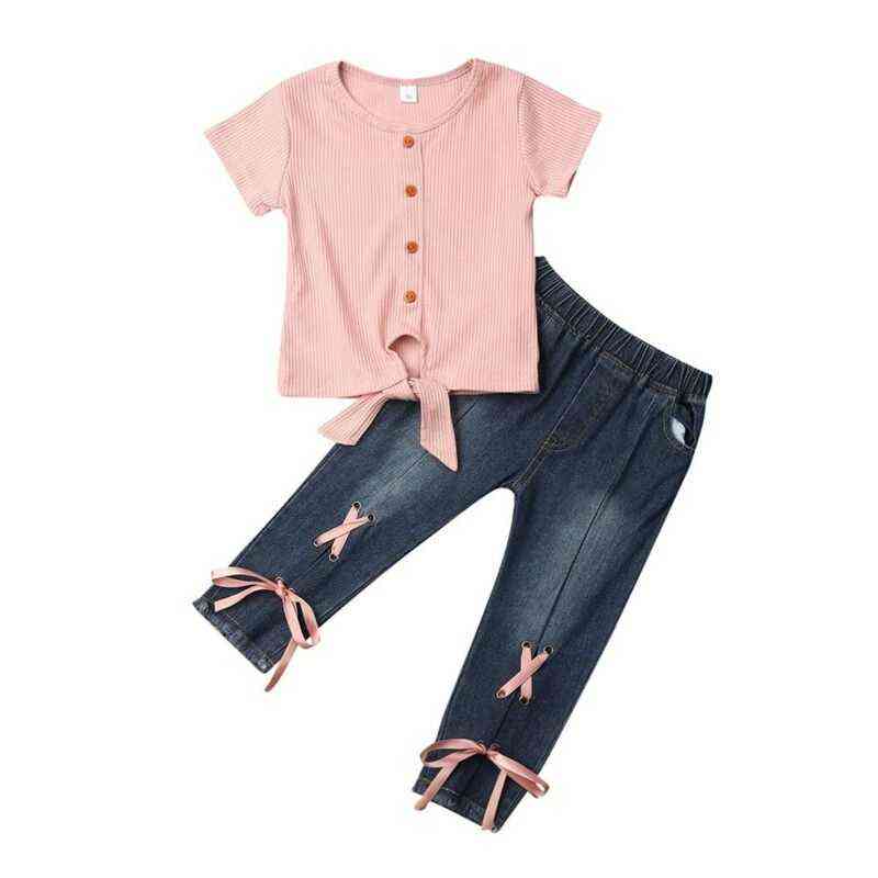 

Citgeett Summer 1-5Years Toddler Kids Baby Girl 2-Piece Solid Shirt Pink Top Denim Pants Outfits Clothing Set J220712, Red