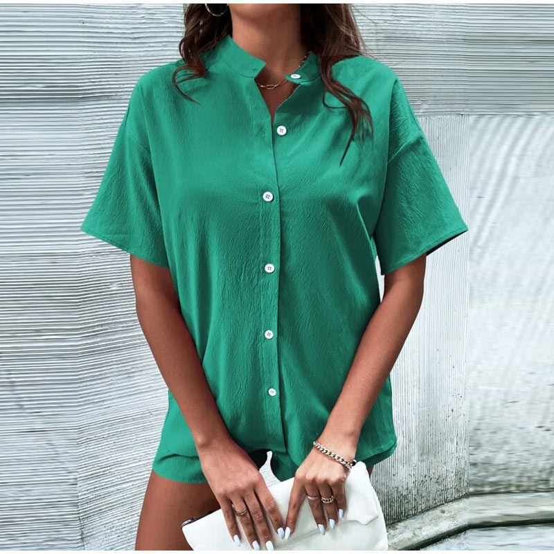 

Women' Tracksuits Summer Shirt Shorts Two Piece Set Women Casual Long Sleeve Single-breasted Top And Mini Suit Female Lady Outfits, Green