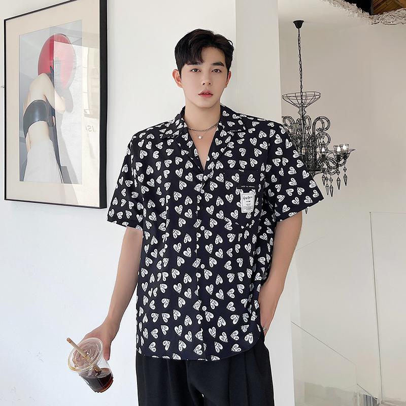 

Men's Casual Shirts Man Korean Streetwear Vintage Print Summer Net Celebrity Short Sleeve Loose Shirt, H1235