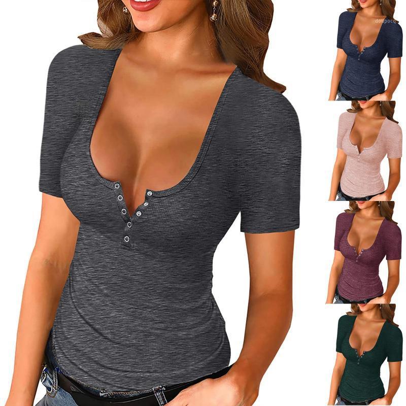Femmes Basic Sexy Low Cut Boutonné Serré Slim Ajusté Tee Tops T-shirts Streetwear Couleur Solide Vintage T-shirt Ropa Mujer 55 # G Femme