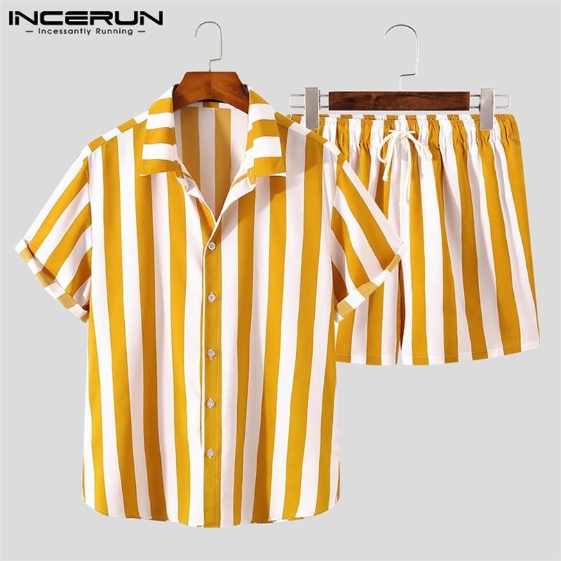 

Fashion Men Striped Sets Streetwear Lapel Short Sleeve Shirt Drawstring Shorts Casual Mens Hawaiian Suits INCERUN S5XL 220602, Black