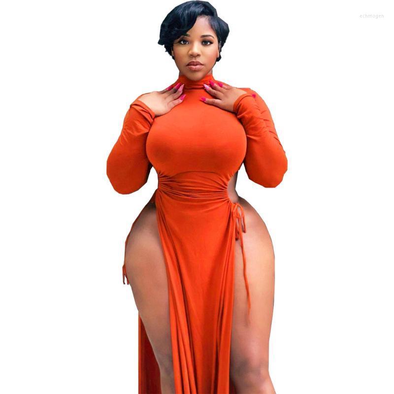 

Plus Size Dresses Solid Color Sexy High Slit Lace Long Skirt Women Dress Round Neck Full Sleeve Clothing Casual Outfit 4XL 5XL Echm22, Orange