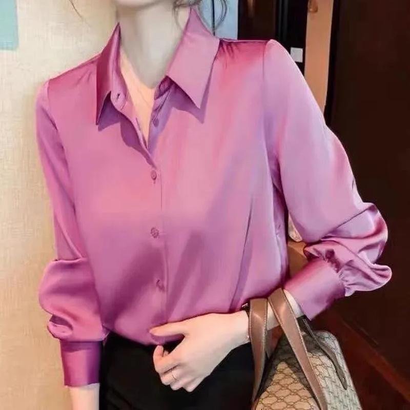 

Women' Blouses & Shirts Elegant Women Buttoned -Neck Satin Blouse Summer 2022 Fashion Office Lady Pink Tops Long Sleeve Oversize Chic Cloth, Gray