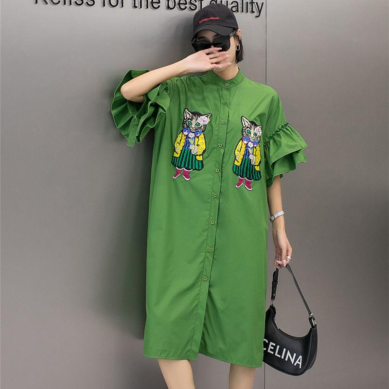 

Women's Blouses & Shirts Streetwear Green Shirt Dress 2022 Summer Patch Embroidery Cartoon Mid-long Ruffles Short Sleeve Loose Women And Top
