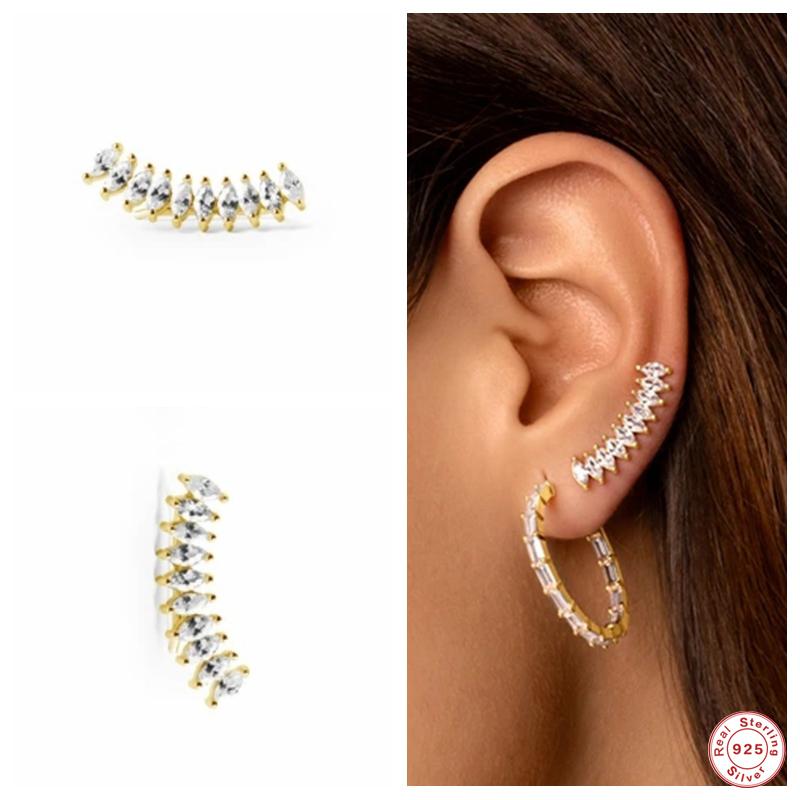 

Stud Aide 925 Sterling Silver Simple Trendy Oval White Zircons Earrings Geometric Long Line Ear Crawlers Climber Piercing StudsStud