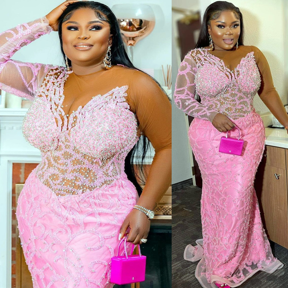 Plus taille arabe aso ebi rose sirène luxueuse robes de bal cristaux de perles soirée formelle deuxième réception d'anniversaire de fiançailles d