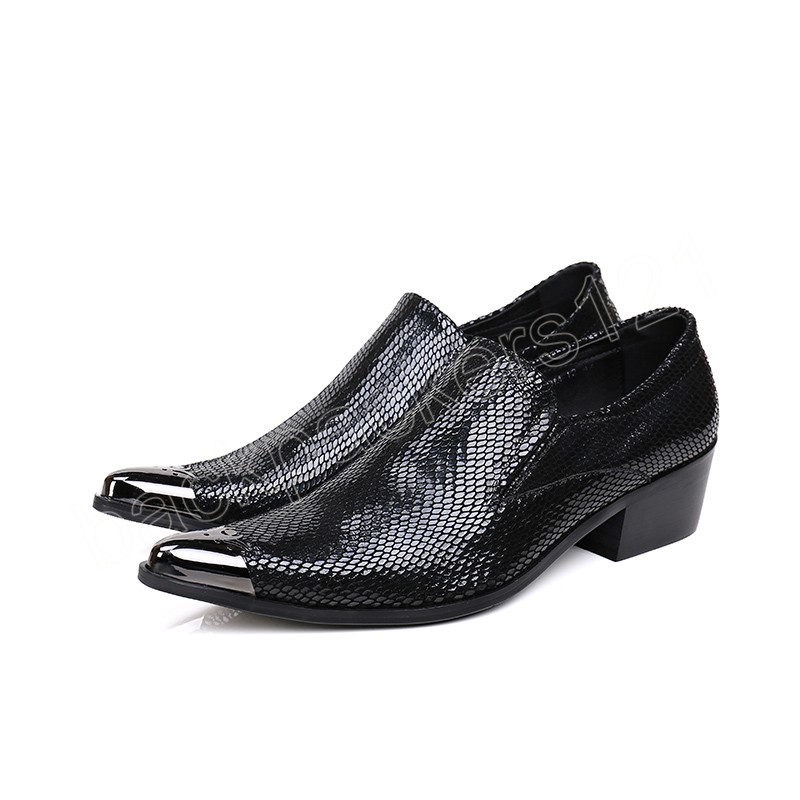 

Black Snakeskin Grain Mens Real Leather Shoes Pointed Toe Men Business Party Formal Shoes High Heel Suit Shoes, As picture