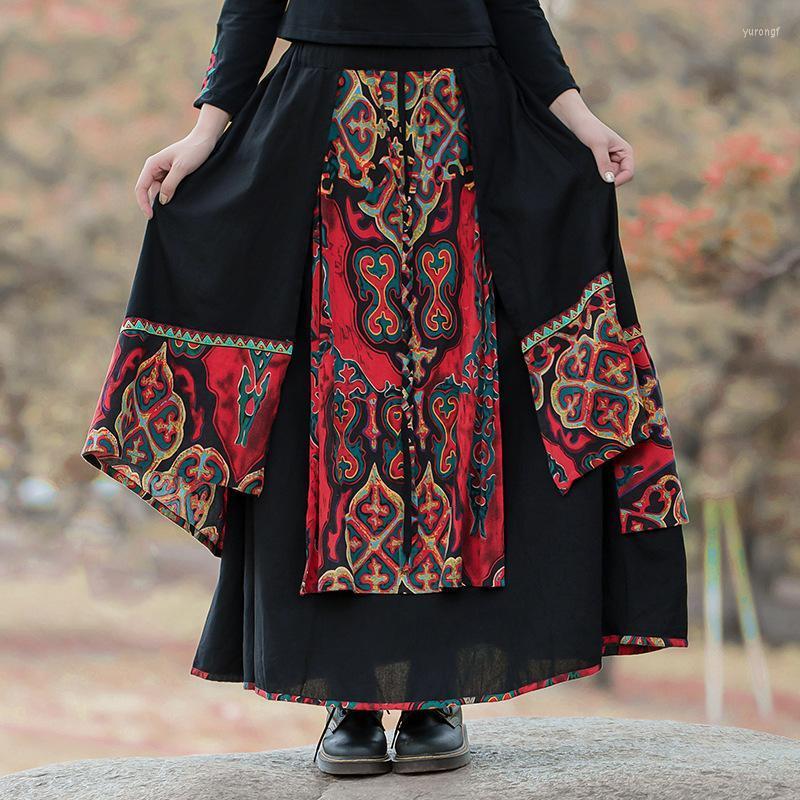 

Skirts Incense Cotton And Skirt 2022 Spring Summer Literature Art Elastic Waist Casual Splicing Irregular Big Swing Sk, Black